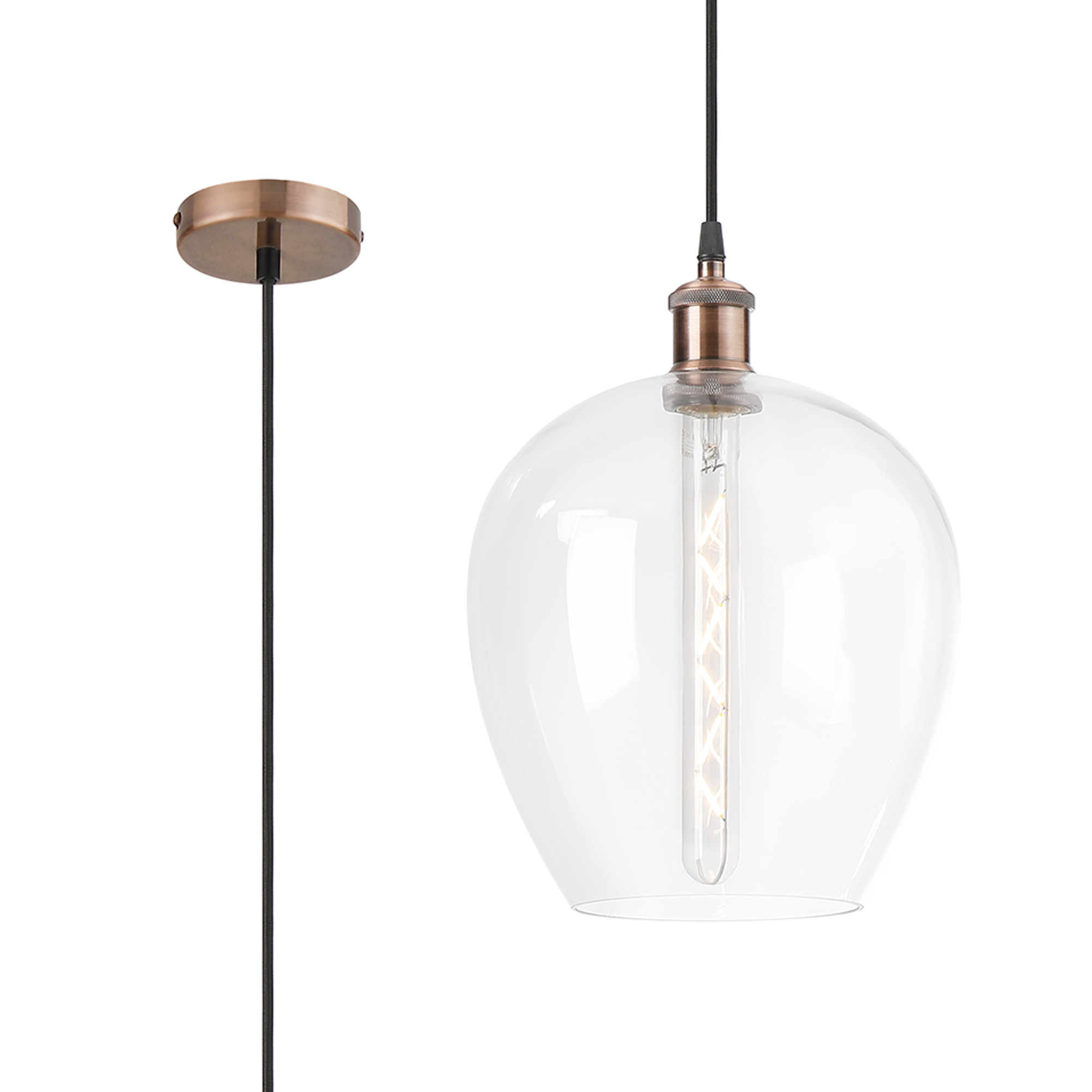 DK1102  Cawdor Single Pendant, 1 Light E27, Antique Copper/Black/Clear Wine Glass